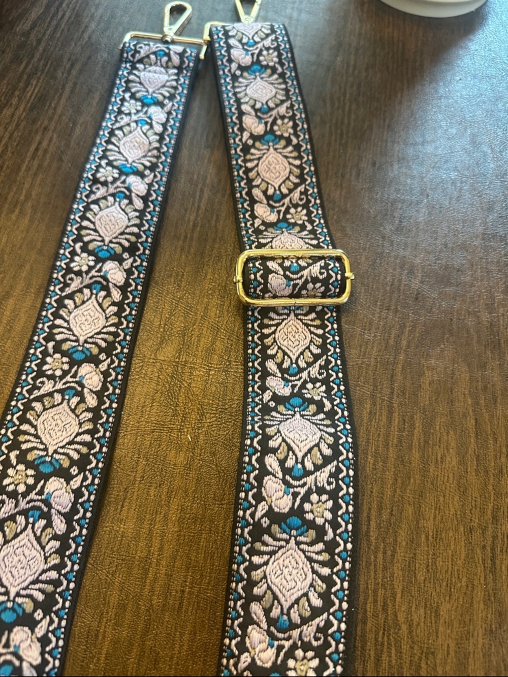 Decorative Floral Guitar-Style Bag Strap Black, Pink & Teal -Crossbody/guitar